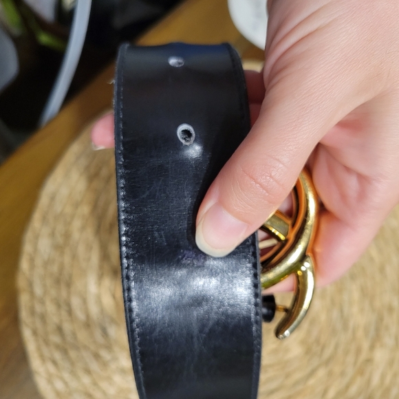 Vintage Gucci Logo Wide Black Leather Belt Gold GG Size 70 - Picture 5 of 13